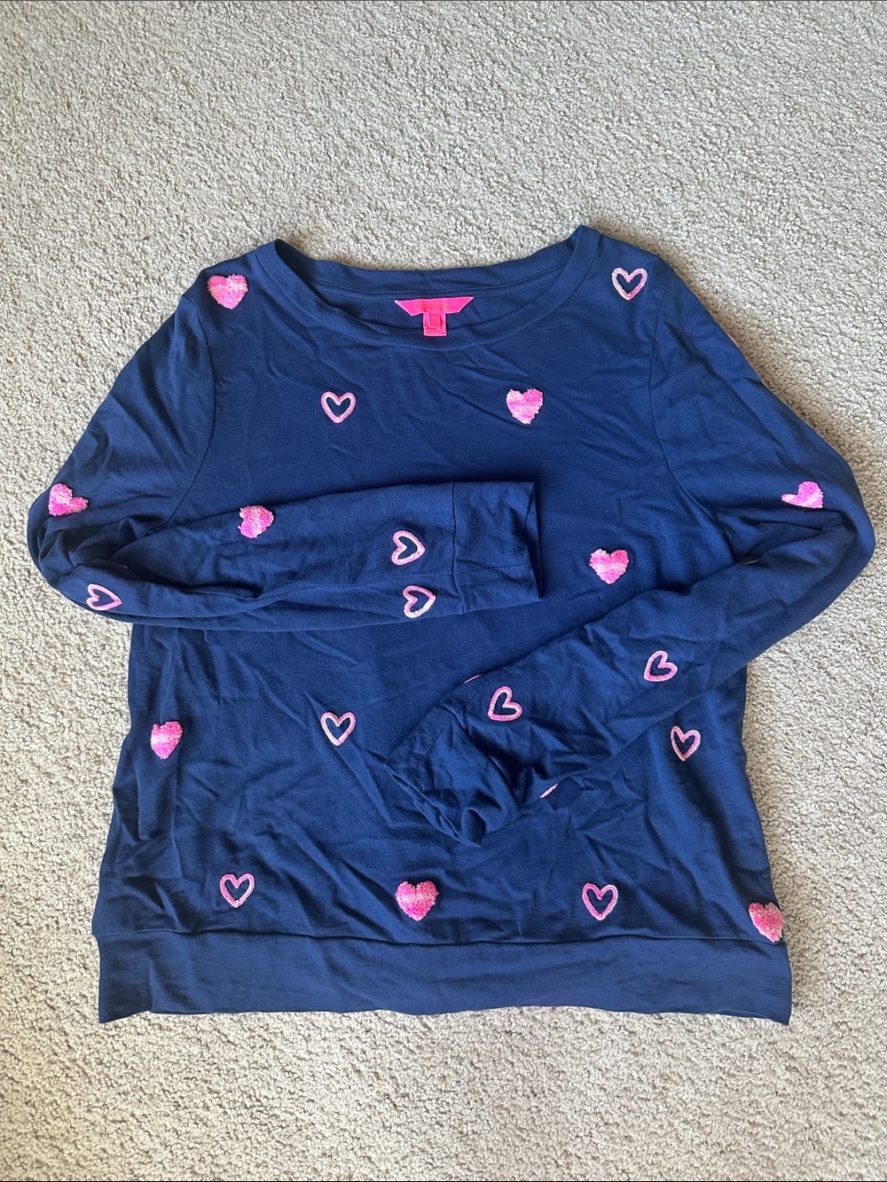 Lily Pulitzer Navy Sweater with Pink Heart Embroidery- 100% cotton- Size L
